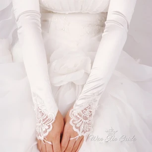 Plus Long White Beaded Satin Hook Elastic Satin Gloves