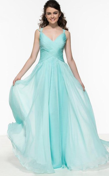 A-Line Spaghetti Straps Pleats Hollow Prom Dress