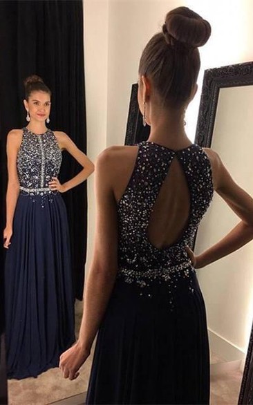 Sparkly Navy Blue Sleeveless Prom Dresses Long Chiffon Beadings