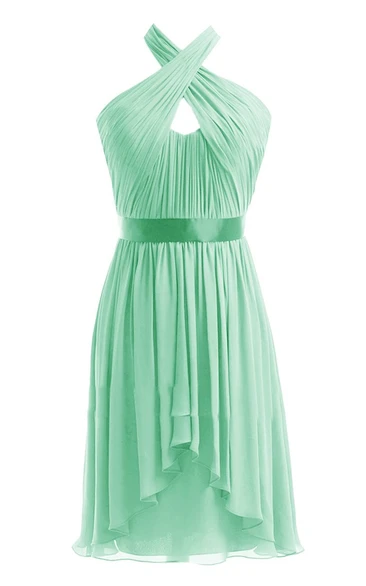 Halter Pleated Chiffon Short Dress With Satin Band