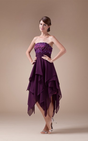 Sleeveless Layered Tea Length Dress With Beadings and Cinched Waistband