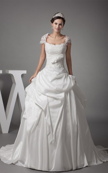 Caped-Sleeve Pick-Up Appliqued Ruching and Gown With Flower