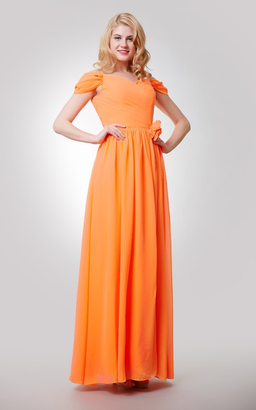 Off-The-Shoulder Floor Length Chiffon Dress With Flower and Ruching