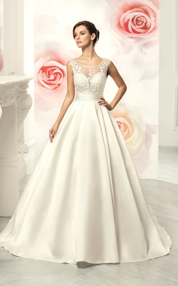 A-Line Floor-Length Scoop Sleeveless Deep-V-Back Satin Dress With Appliques