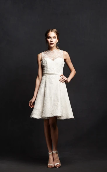 Sleeveless Illusion Neck Satin Dress With Ribbon