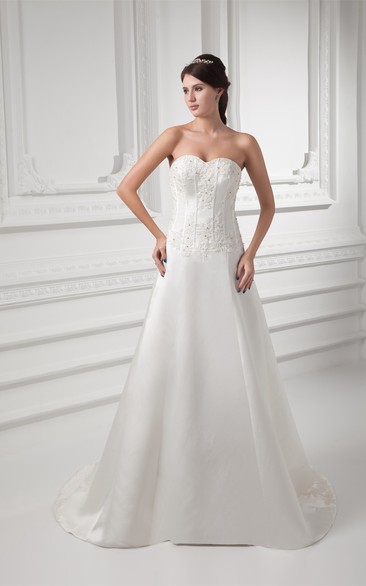 Sweetheart A-Line Satin Gown With Appliqued Bodice