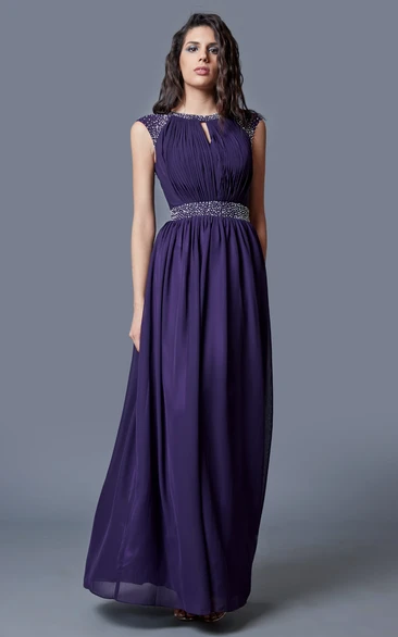 Beaded Cap-sleeved Bateau Neck Ruched Long Chiffon Dress