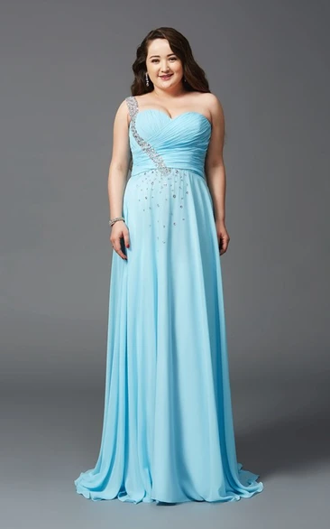 A-line Floor-length One-shoulder Sleeveless Chiffon Criss cross Beading Pleats Dress