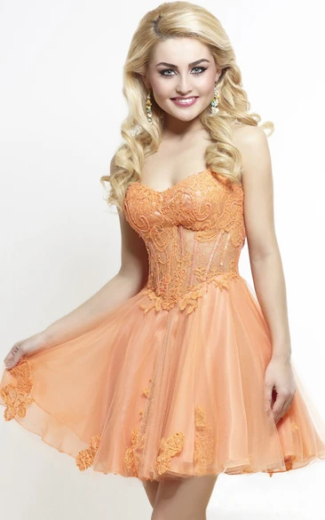 A-Line Short Sweetheart Sleeveless Tulle Appliques Pleats Backless Dress