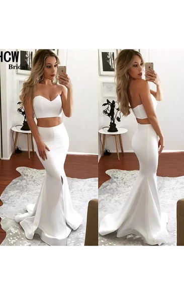 Sweetheart Sleeveless Sweep Train Satin Mermaid Two Piece Dress