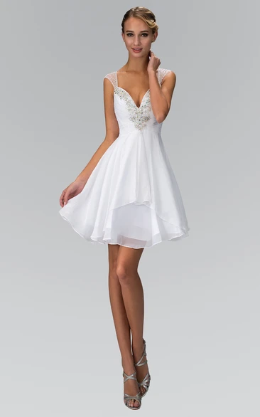 A-Line Short Queen Anne Sleeveless Chiffon Dress With Ruching And Beading