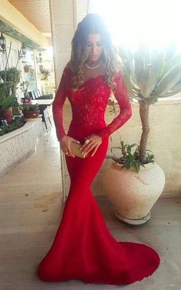 Sexy Red Lace Appliques Mermaid Prom Dress Sweep Train Long Sleeve