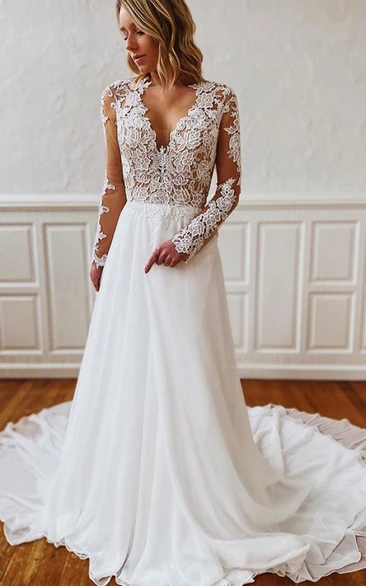 Elegant V-neck A Line Floor-length Court Train Long Sleeve Wedding Dress With Appliques