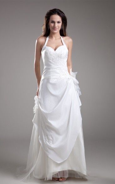 Haltered Pick-Up A-Line Lace and Gown With Flower