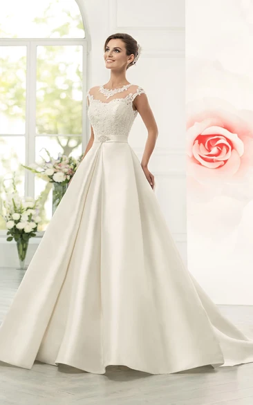 Jeweled Neck Cap Sleeve A-line Satin Wedding Dress With Lace Bodice