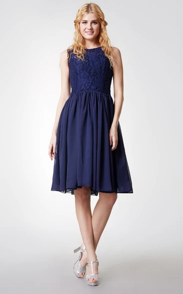 Glamorous Jewel Neck Pleated Knee Length Chiffon Dress With Satin Sash