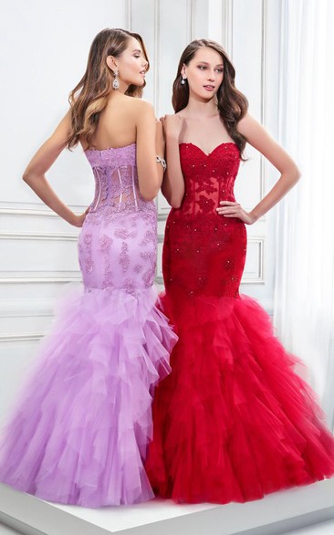 Mermaid Floor-Length Sleeveless Sweetheart Appliqued Tulle Prom Dress