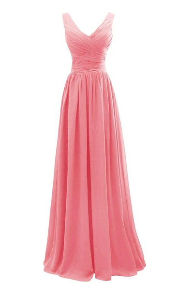 Sleeveless V-neck Long Chiffon Gown With Pleats