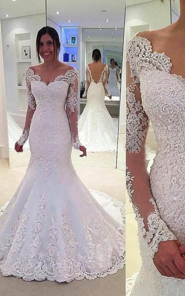 Long Lace Sleeve V Neck Mermaid Long Lace Dress