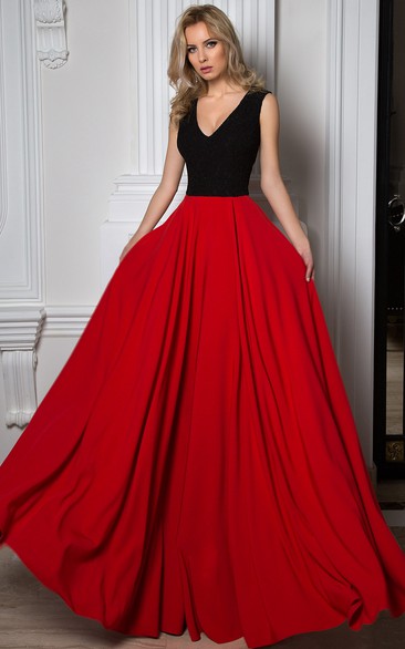 V-Neck Long Sleeveless Pleated Chiffon Prom Dress