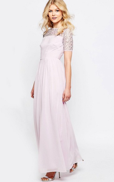 Short Sleeve Pleated Scoop Neck Chiffon Bridesmaid Dress