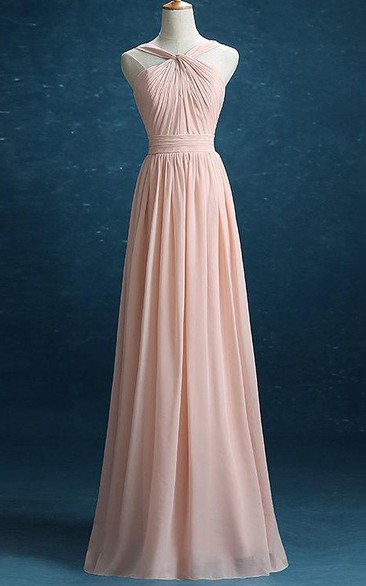 Strapped Chiffon&Satin Dress With Pleats