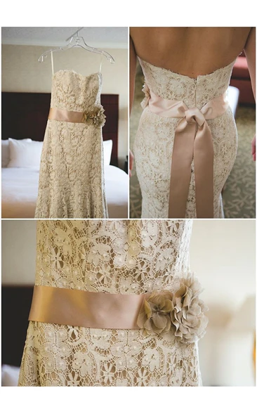 Sweetheart Spaghetti Straps Mermaid Long Lace Dress With Sash
