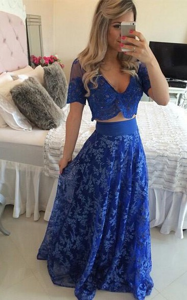 Sexy Two Piece Royal Blue Prom Dress Appliques Short Sleeve
