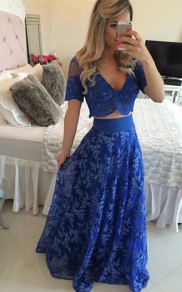 Sexy Two Piece Royal Blue Prom Dress Appliques Short Sleeve