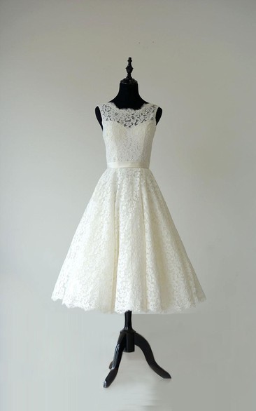 Sleeveless A-Line Tea Length Lace Dress With Low-V Back and Satin Sash