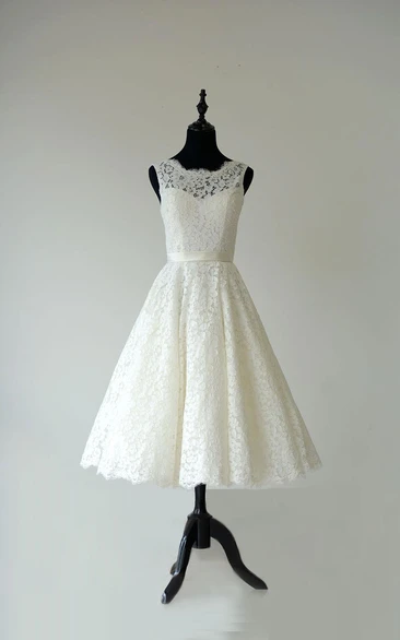 Sleeveless A-Line Tea Length Lace Dress With Low-V Back and Satin Sash