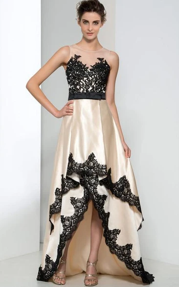 Sheer Neck Appliques Bowknot Asymmetry Prom Dress