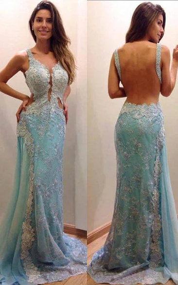 Delicate Lace Appliques A-line Evening Dress Mermaid Open Back Straps