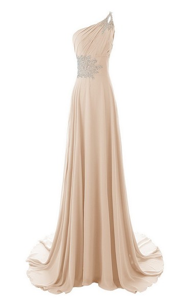 One-shoulder Ruffled Gown With Beadings and Sweep Train