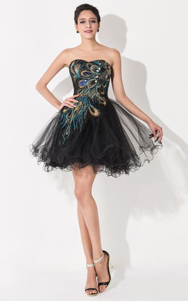 Sexy Black Sweetheart Short Tulle Homecoming Dress Peacock Design