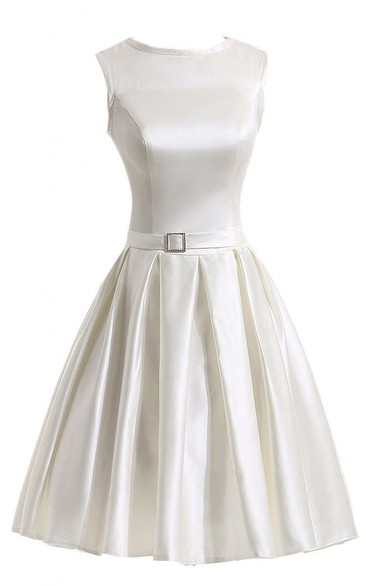 Sleeveless Bateau Neck Short Pleated Satin Dress