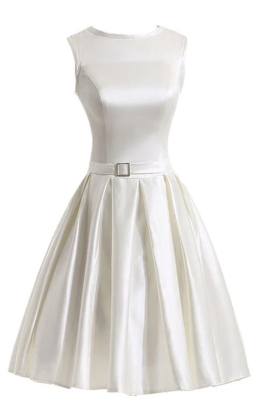 Sleeveless Bateau Neck Short Pleated Satin Dress