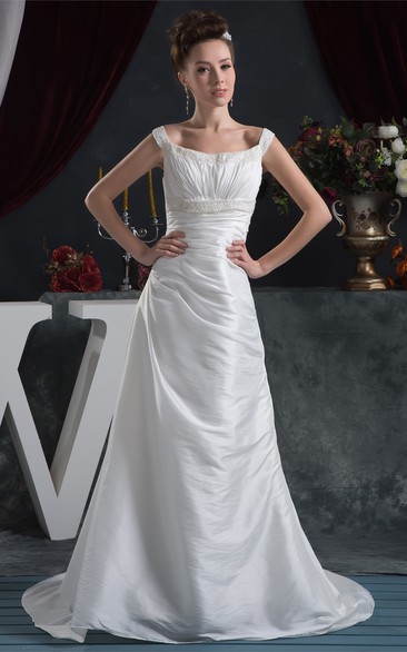 Strapped Taffeta A-Line Ruched Dress With Crystal Detailing