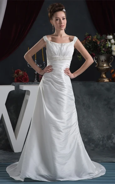 Strapped Taffeta A-Line Ruched Dress With Crystal Detailing