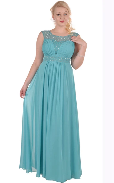 A-Line Floor-Length Jewel Short Sleeve Empire Chiffon Pleats Zipper Dress