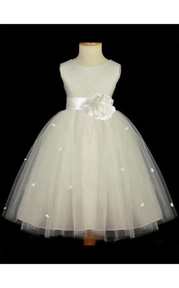 A-line Scoop Sleeveless Hand-made Flower Floor-length Tulle Flower Girl Dresses