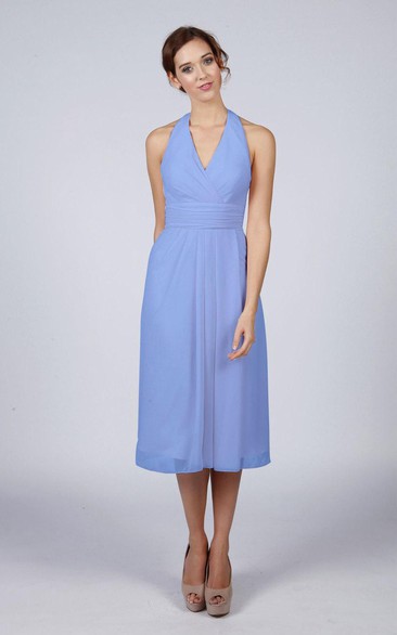 Halter V Neck A-line Chiffon Tea Length Dress Kingfisher Blue