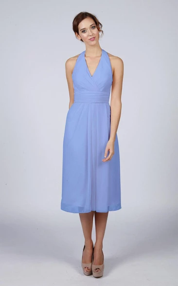 Halter V Neck A-line Chiffon Tea Length Dress Kingfisher Blue