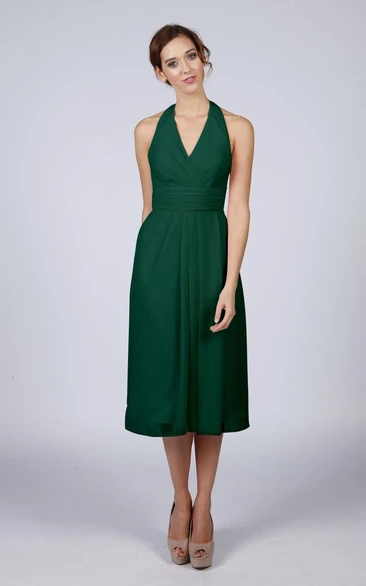 Halter V Neck A-line Chiffon Tea Length Dress Forest Green