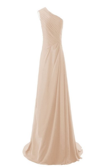 One-shoulder Long Chiffon Gown With Pleats