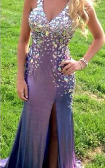 Sexy Crystal Beadings V-Neck Prom Gowns Front Spilt Evening Dresses