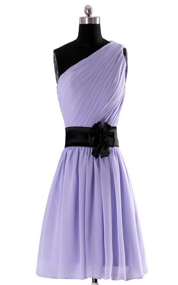 One-shoulder A-line Chiffon Dress With Floral Sash
