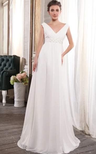 Deep V-Neck Strapless Empire Chiffon Dress With Beading