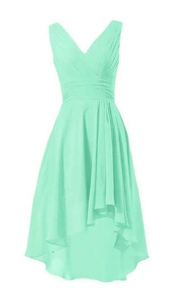 Asymmetrical V-neck Chiffon A-line Dress With Zipper Back