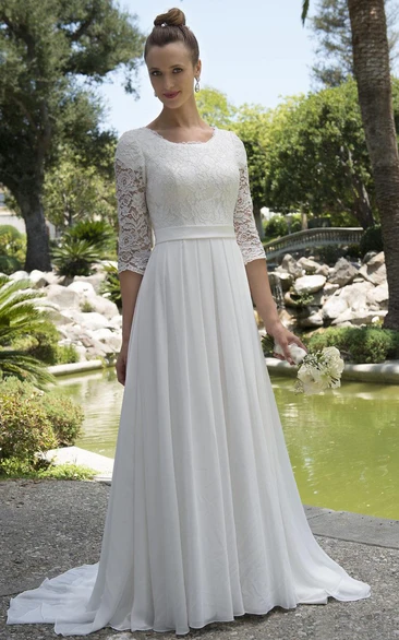 Informal Modest Beach Scoop Neck Lace Chiffon Wedding Dress With 3-4 Sleeves